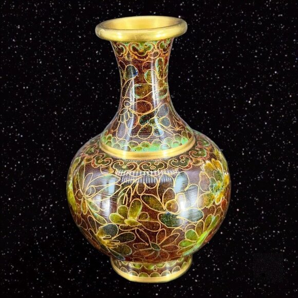 Vintage Chinese Cloisonné Metal Vase Blue Bottom Floral Design Hand Crafted 4"T - Picture 1 of 10